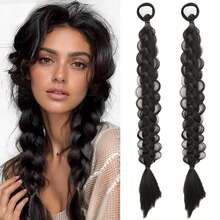 2 Stücke lange geflochtene Pferdeschwanz-Extensions für Frauen, gerade umwickelte Zopf-Pferdeschwanz-Extensions, synthetische Zöpfe mit Gummiband