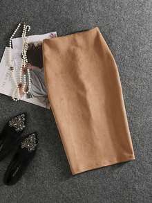 女士优雅通勤鹿绒拉链多功能A字半身裙，后开衩，无弹力，冬季款