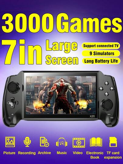 1pc 7-Inch Large-Screen Multi-Function Handheld Game Console Including 3000 Nostalgic Arcade Games 9 Classic Emulators GBA/FC Etc. Rechargeable Can Be Connected To A TV Supports Picture Recording Music Video E-Books Games Can Be Archived Retro Handheld Joystick Handle Gift For Boyfriend And Husband's Holiday Birthday