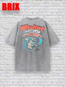 Uaddw Brand Y2K, [Retro Cotton T-Shirt] High-Quality 100% Cotton Men's Retro Style Crazy Face, Flame Face, Spiral Pattern T-Shirt, Distressed Wash Short Sleeve, Street Style, Funny Graphic Tees Men, Fashionable Casual Versatile, Camiseta Para Hombre - 灰色 - 查看 3