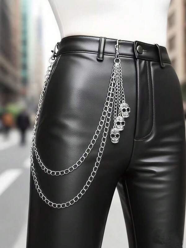 1 pieza Cadena de cintura de aleación con triple calavera de estilo gótico vintage, accesorio para hombres, adecuado para fiestas y uso diario