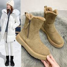 Botas de Nieve para Mujeres de Alta  2024 Nueva Moda de Invierno Botas de Lana de Oveja Integradas con Forro Cálido Engrosado Zapatos de Algodón Antideslizantes - Caqui - Ver 3