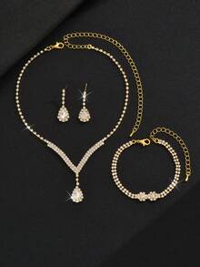 4 件新娘首饰套装：水钻爪链玻璃泪珠项链、耳环、手链，优雅适合婚礼、正式场合 - 金色 - 查看 2