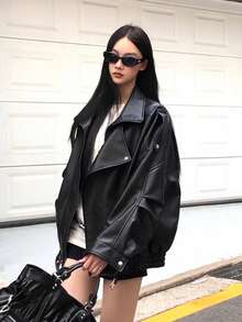 Women's Black Leather Jacket, New Autumn Motorcycle Vintage Unique Cool Tops