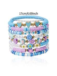 8 peças/Conjunto Pulseiras Elásticas de Argila Macia com Estampas Florais, Estrelas, Rostos Sorridentes, Corações, Nuvens, Adequadas para Presentes e Uso Diário
