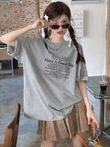 Women's Loose Hollow-Out Slogan Print Short Sleeve T-Shirt, Grey - Grey - View 1