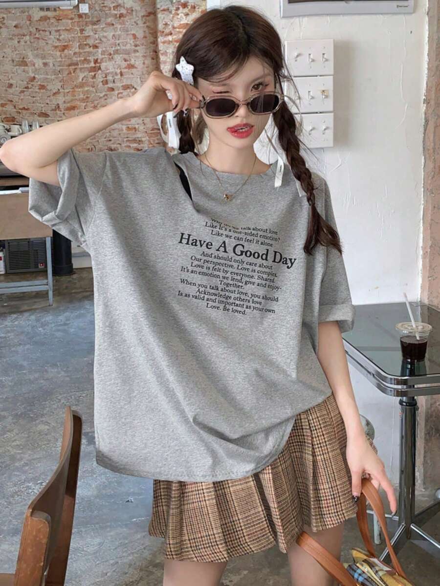 Women's Loose Hollow-Out Slogan Print Short Sleeve T-Shirt, Grey - Grey - View 1