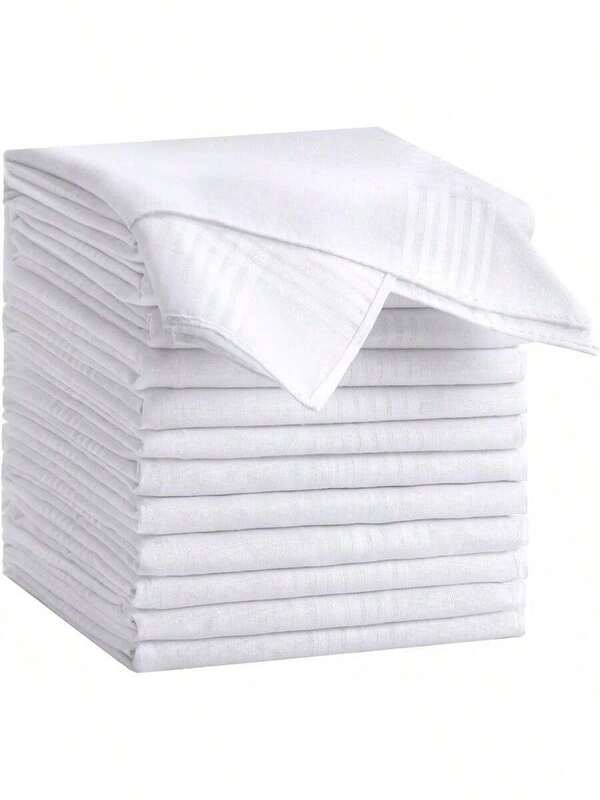 12pcs/Pack Men's 16x16 Inch White Classic Pocket Handkerchiefs, Classic Men's Polyester Absorbent Plaid Handkerchiefs, Thin Vintage Handkerchiefs For Elderly
