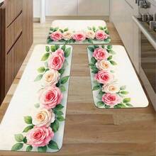 Elegant Floral Rose Kitchen Mats Set - Non-Slip Soft Rubber Backing Runner And Area Rugs - Stylish And Functional Floor Protection For Kitchen, Dining Room, Or Entryway - Ideal Home Decor Gift - Multicolor - View 1
