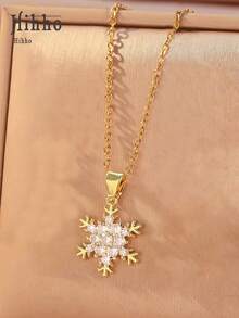 Hihho 1 chiếc vòng cổ mặt dây chuyền hình bông tuyết tối giản đính đá Cubic Zirconia thời trang cao cấp đa năng, quà tặng trang trí vòng cổ thanh lịch cho nữ, vòng cổ mặt dây chuyền tinh tế, vòng cổ mặt dây chuyền bằng đồng cho nữ - Vàng - Xem 5