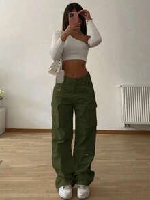 Elegant Stylish Vintage Y2K Casual Cute Cargo Pants - High-Waisted, Solid Color Elastic Waist Wide-Leg, Pocketed, Comfortable, Airport Outfit, Back To School, Teacher, Clubs, Birthday Parties, Halloween, Christmas, New Year, Thanksgiving, Concerts, Gym, Business, Street Wear, Spring, Summer, Autumn And Winter Styles
