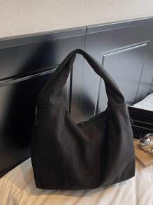 2025新款黑色灯芯绒面料手提包，大容量纯色单肩包，休闲日系托特包，百搭大学生书包，简约时尚手提包，轻便可折叠旅行包，带拉链口袋