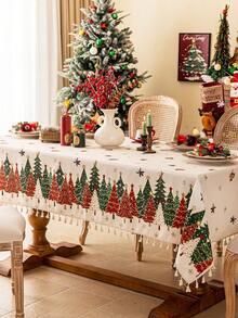 1 szt. świąteczny obrus, czerwony, zielony, biały, wzór choinki, beżowa koronka, zmywalny, dekoracja domu, obrus imprezowy, odpowiedni do kuchni, jadalni, spotkań towarzyskich, kolacji, przyjęć świątecznych, dekoracji noworocznych, artykułów świątecznych, prezentów, dekoracji jesiennych, wesołych świąt