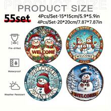 1PC Double Snowman Welcome Sign - Vintage Round Acrylic Hanging Decoration With Stained Glass Style Snowflakes & Holly Berry, Bright White For Christmas, Thanksgiving, Halloween-Christmas Gifts, Holiday Display, Bohemian Style, Colorful Snowflakes