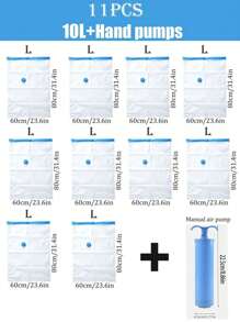 11pcs Set/Kit 10 Transparent Vacuum Compression Storage Bags With 1 Hand Pump Space-Saving Sealed Storage Bag Suitable For Clothes, Bedding, Pillows, Stuffed Toys, Quilts, Blankets, Kitchen Supplies, Scarves, Shoes, Travel Accessories Space-Saving Storage Bag Dust-Proof Sealed Household Storage Moving Sorting Bag Closet Organization And Storage Clothes Organizer Bedroom