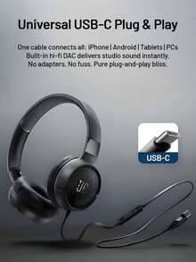 JBL Tune 520C 轻巧有线贴耳式耳机，配备 USB-C 接口，可折叠，舒适设计，纯低音，语音识别麦克风，可实现免提通话，3 键式遥控器，兼容手机、电脑、VR、PS5、Xbox 游戏机 - 白色 - 查看 8