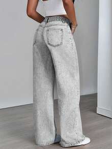 Teen Girls' Loose Fit Straight Leg Jeans With Pockets, Casual & Versatile - Grey - View 5