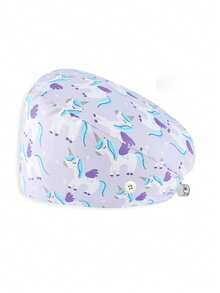 四季通用可调节夹扣式护士帽/手术帽 | 时尚微弹数码印花 | 吸汗速干，按扣设计 | 可手洗，易于护理 | 适用于医疗、美容、牙科、宠物护理 | 可爱动物印花涤纶（聚酯纤维）男女通用工作帽、护士帽、护理配件、女士手术帽、长发帽，四季皆宜 - 彩色 - 查看 20