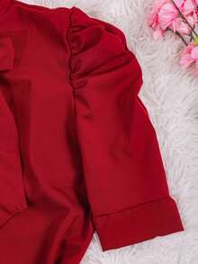 Women's Formal Blouse With Short Puff Sleeves And Bow No. 8 - 酒紅色 - 查看 3