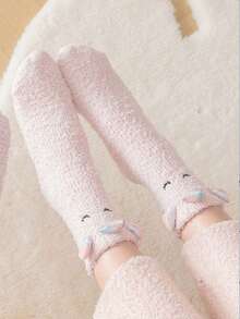 1 Pair Girls' Soft Thick Warm Unicorn Cartoon Cute Children's Socks, Suitable For Daily Wear In Winter - Pink - View 3