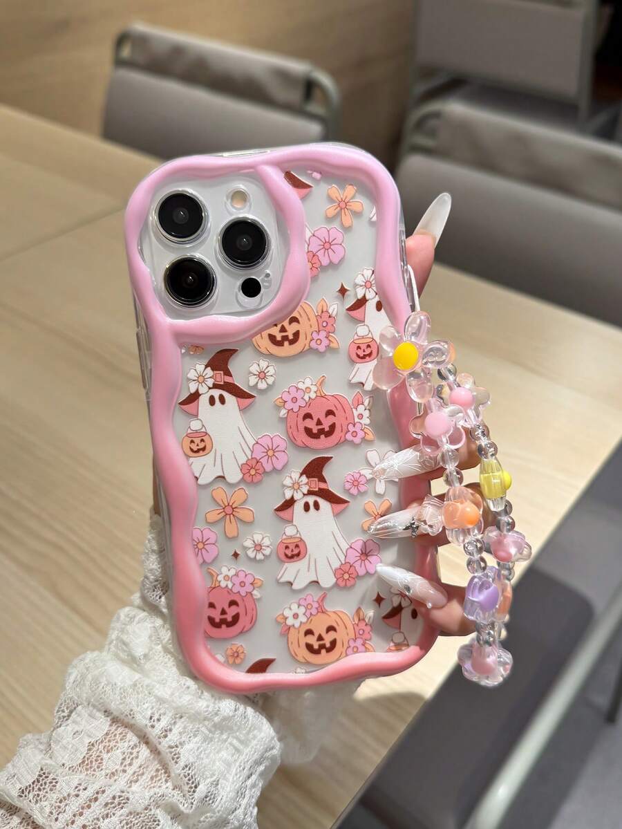 Funda de teléfono con elemento de Halloween de calabaza fantasmal de estilo lindo para niña, con cordón para teléfono, adecuada para iPhone 17, 16 Pro Max, 14, 13, 12, 11 Pro Max, XS Max, X, XR, 8, 7, Plus, Mini, se puede usar como regalo de cumpleaños, novia, novio o para uso personal