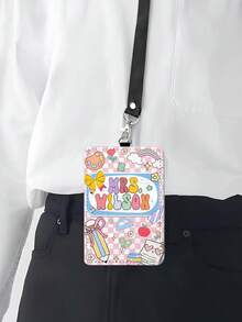 1pc Personalized Gift For Teachers And Students Returning To School, Custom Leather ID Card Holder, Teacher Lanyard Accessory, Educational Supplies, Customizable Text And Name, Cute & Playful Style - Pink - View 10