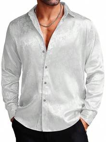 Men's Silk Satin Dress Shirts Jacquard Long Sleeve Floral Button Up Shirts Party Prom Wedding Shirthalloween - 梨白 - 查看 1