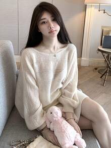 RUIWY 初秋韩版简约镂空针织套头衫长袖宽松薄款毛衣空调外套