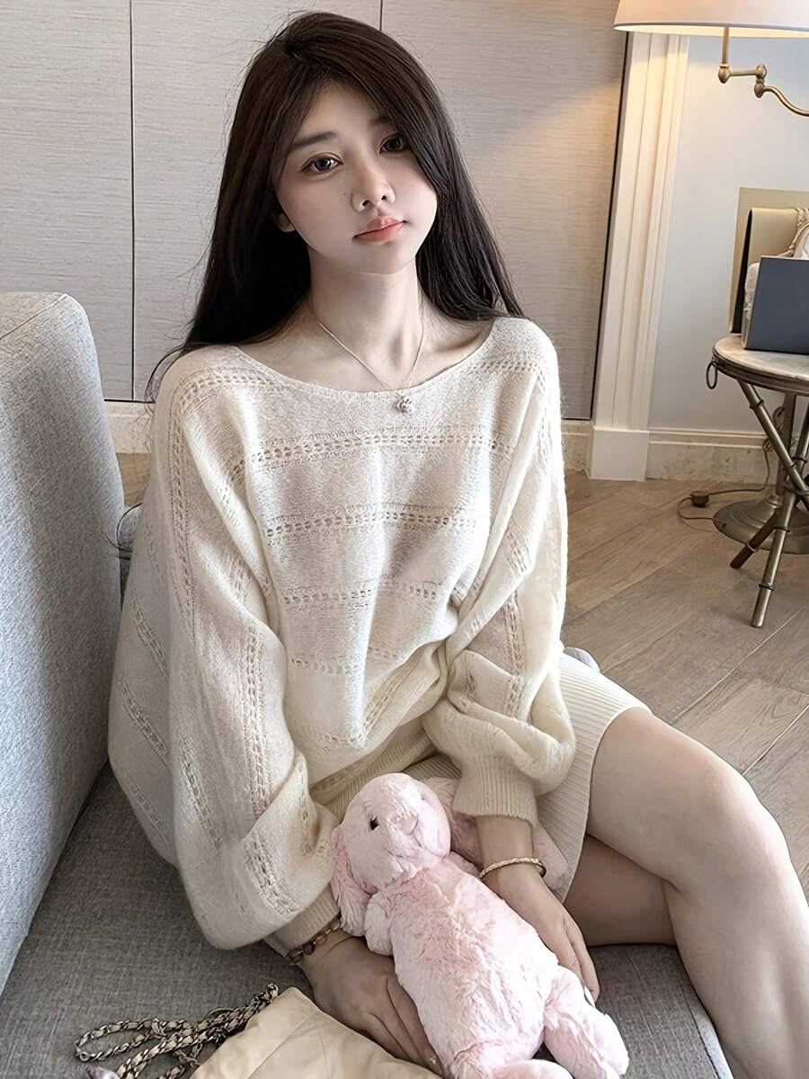 RUIWY 初秋韩版简约镂空针织套头衫长袖宽松薄款毛衣空调外套