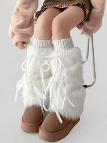 1 Pair Autumn/Winter Lace-Up Fluffy Warm White Leg Warmers, Y2K Girly Thick Soft Ribbed Leg Warmers, Solid Color Cute Casual Street Style, Polyester Rope Tie Winter Women Christmas Gift