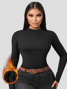 1 件秋冬保暖内衬圆领长袖女式修身休闲运动瑜伽分层上衣 - 黑色 - 查看 2