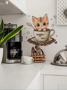 1 pieza Pegatina decorativa de pared con fondo de gato de taza de té de dibujos animados, adecuada para decoración de dormitorio, baño, habitación, hogar, cocina, restaurante, regalo de cumpleaños, graduación, vacaciones