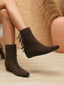 Women's Retro Suede Solid Color Chunky Heel Mid-Calf Boots, Pointed Toe Side Zipper Slip-On Comfortable Versatile Western Style Boots For Autumn/Winter Daily & Party - Brown - View 2