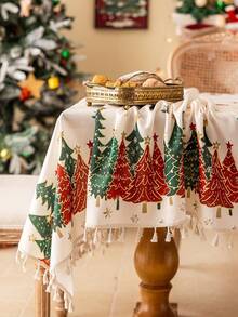 1pc Merry Christmas Party Tablecloth, White Christmas Tree Pattern, Dining Table Cover, 3D Bamboo Texture, Beige Tassel Decor, Washable, Coffee Table, Cabinet Cover, Holiday Decor, Suitable For Gathering, Dinner, Festival, Party, Christmas Gift, New Year Decor, Autumn Decor