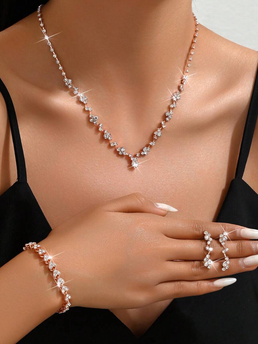 4pcs Set: Rhinestone & Crystal Encrusted Necklace, Earrings, Bracelet - Bridal Jewelry Set