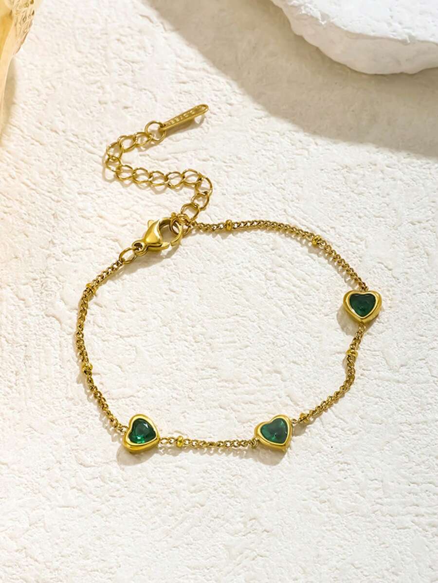 1pc Elegant Stainless Steel Bracelet With Green Heart Pendant - Women's Fashion Accessory For Daily Wear And Parties, Mother's Gift, Women's Gift, Great For Gifting