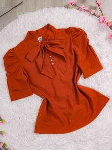 Women's Formal Blouse With Short Puff Sleeves And Bow No. 8 - 亮橙色 - 查看 1