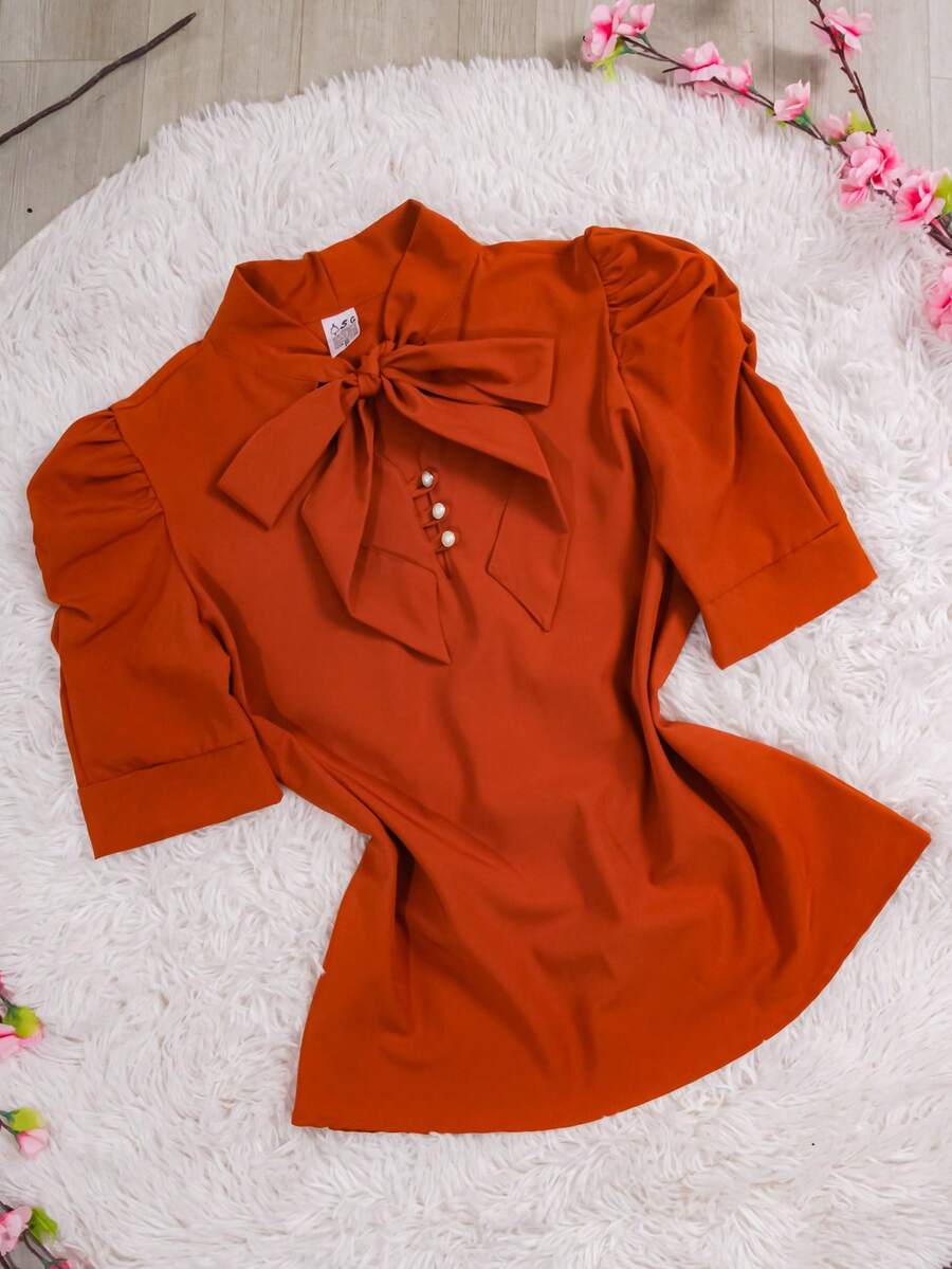 Women's Formal Blouse With Short Puff Sleeves And Bow No. 8 - 亮橙色 - 查看 1