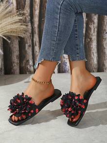 Schleifenflache Sandalen, Feenartiger Stil Pantoffeln mit Blumen Dekor, Damen Sommer Zehentrenner