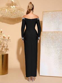 新款性感黑色长袖露肩奢华手工串珠钻石装饰修身连衣裙，优雅伴娘礼服，女士生日派对节日舞会正式晚礼服 - 黑色 - 查看 6