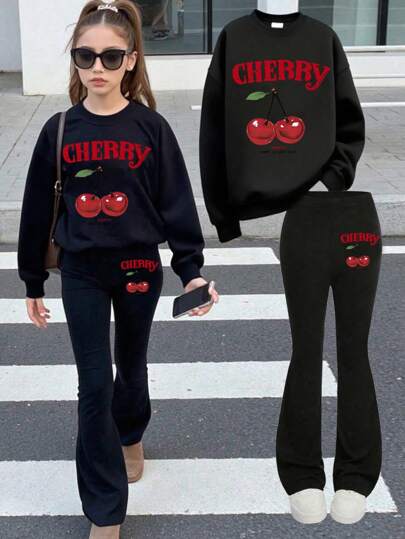 2pcs Set Teen Girls Sweet Cherry Print Sweatshirt Set, Soft & Comfortable, Spring & Autumn Daily Casual Wear
