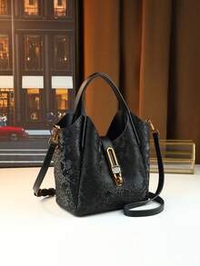 渐变色手提包、托特包、通勤包、时尚新款复古风格女士单肩包 - 黑色 - 查看 6