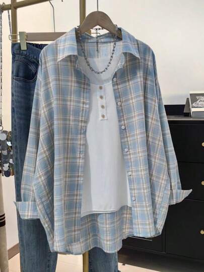 女士休闲格子宽松衬衫