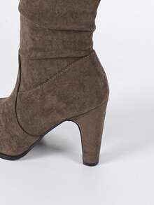 2024 Autumn/Winter New Round Toe High Heel Side Zipper Knee-High Boots, Thick Heel Tall Elastic Riding Boots For Women - Cà phê nâu - Xem 9