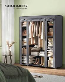 SONGMICS Armario de Tela, Armario Ropero con Cubierta de Tela no Tejida, 45 x 150 x 175, 12 Compartimentos, Marco de Metal, Armario de Dormitorio, Gris LSF03G - GRIS - Ver 4