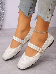Sepatu Flat Mary Jane Vintage Ukuran Plus 35-43, Sepatu Kerja Sol Lembut Ujung Persegi, Sepatu Balerina Bertali Baru untuk Pakaian Sehari-hari & Pesta Musim Semi/Gugur untuk Wanita, Pola Acak - Putih - View 3