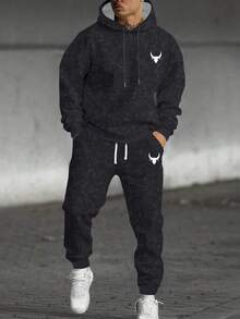 2 pezzi/Set Felpa con cappuccio e pantaloni della tuta con coulisse, motivo stampa testa di toro, felpa con cappuccio con coulisse e tasche, vita con coulisse, adatto per moda casual, jogging, pendolarismo, viaggi, all'aperto in primavera, autunno e inverno. Un regalo ideale per il marito o il fidanzato.