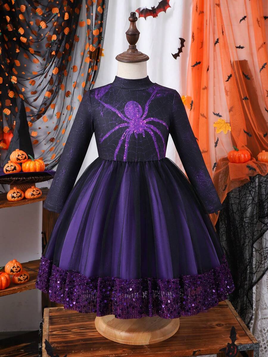 Halloween Girls' Funny Spider Web Sequin Mesh Dress, Festive Atmosphere - Purple - View 1