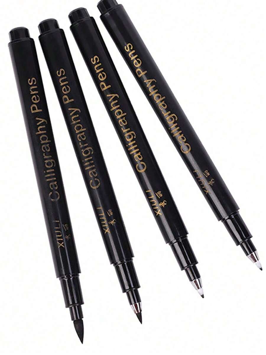 4Pcs Deluxe Calligraphy Pens Set - Fine & Brush Tip, Refillable Black Ink, Ergonomic Ambidextrous Oval Body, Ultra-Lightweight Durable Plastic Material, Perfect For Hand Lettering, Writing, Art, Drawing, And Creative Expression