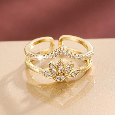 1 قطعة خاتم قابل للتعديل مزين بالزركونيا بشكل زهرة اللوتس للنساء
